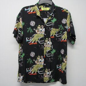 Duvin Disco Nights Party Palm Tree Record Player Print Camp Shirt Men's sz M